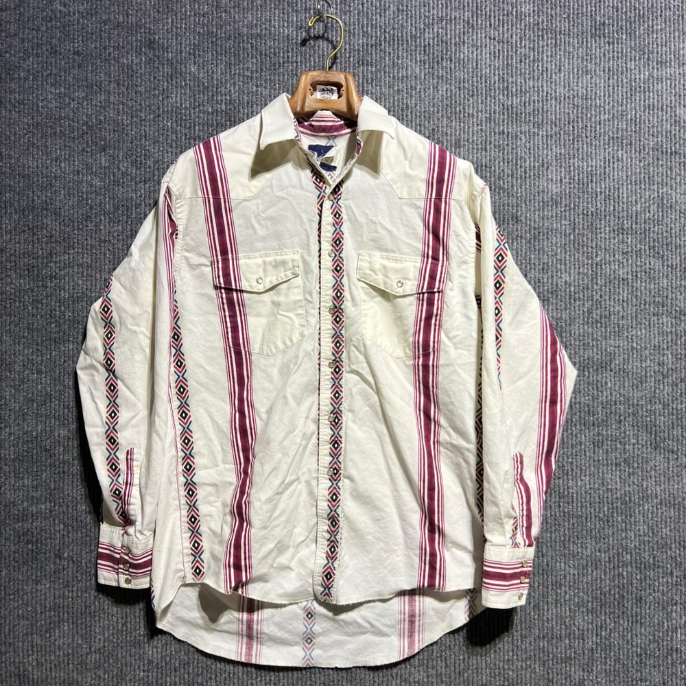 Vintage Wrangler Western Shirt Mens Large Cream Burgundy Aztec Pearl Snap Stripe